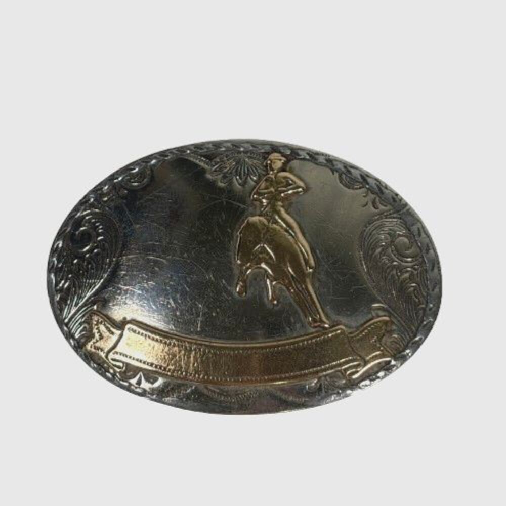 Vintage Western BELT BUCKLE Nickel Silver Cowboy Riding Horse Rodeo Brass Banner